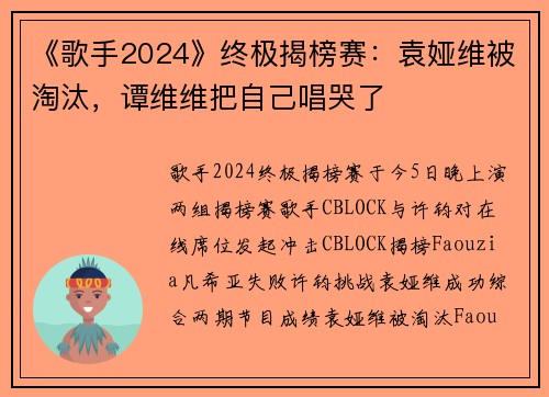 《歌手2024》终极揭榜赛：袁娅维被淘汰，谭维维把自己唱哭了