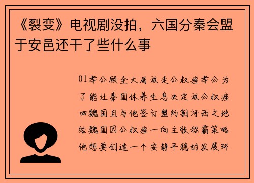 《裂变》电视剧没拍，六国分秦会盟于安邑还干了些什么事