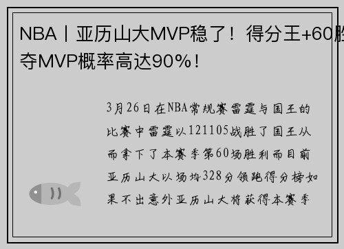 NBA丨亚历山大MVP稳了！得分王+60胜夺MVP概率高达90%！