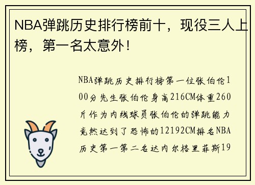 NBA弹跳历史排行榜前十，现役三人上榜，第一名太意外！