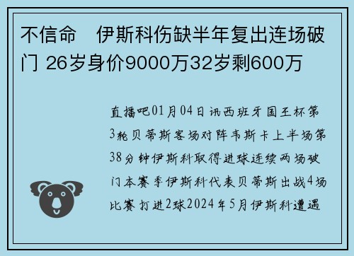 不信命❗伊斯科伤缺半年复出连场破门 26岁身价9000万32岁剩600万