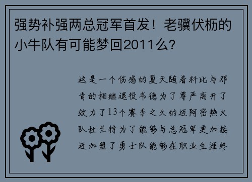 强势补强两总冠军首发！老骥伏枥的小牛队有可能梦回2011么？